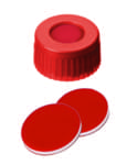 Toon details voor PP Short Thread Cap red, 6 mm centre hole, PTFE/Silicone/PTFE slit septum Afbeelding van PP Short Thread Cap red, 6 mm centre hole, PTFE/Silicone/PTFE slit septum